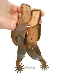 EARLY 20TH C WESTERN VINT PR HORSE RIDING BOOT SPURS, WithLEATHER/METAL/POM-POMS