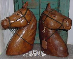 EST COM pr. Vintage CARVED WOOD sheathed w leather HORSE HEADS equine GLASS EYES