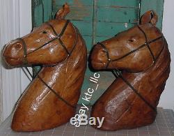 EST. Pair vintage CARVED WOOD sheathed w leather HORSE HEADS equine GLASS EYES
