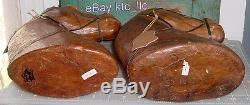 EST. Pair vintage CARVED WOOD sheathed w leather HORSE HEADS equine GLASS EYES
