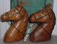 ESTATE pair vintage CARVED WOOD sheathed w leather HORSE HEADS equine GLASS EYES