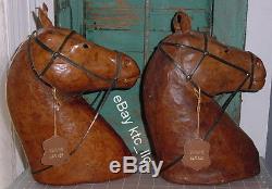 ESTATE pair vintage CARVED WOOD sheathed w leather HORSE HEADS equine GLASS EYES