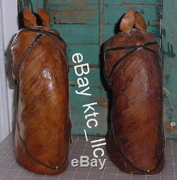 ESTATE pr. Vintage CARVED WOOD sheathed in leather HORSE HEADS equine GLASS EYES