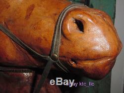 ESTATE pr. Vintage CARVED WOOD sheathed in leather HORSE HEADS equine GLASS EYES