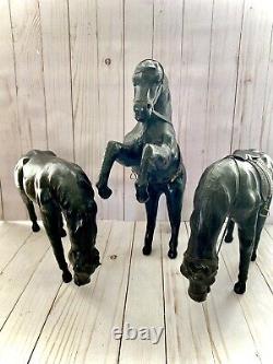 Equestrian Horse Figures 3 Leather Wrapped Vintage 2 withSaddles Glass Eyes