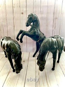 Equestrian Horse Figures 3 Leather Wrapped Vintage 2 withSaddles Glass Eyes