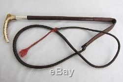 FINE VINTAGE SILVER LEATHER ANTLER RIDING CROP & LASH1937 horse fox hunting whip