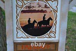 Falstaff Beer Sign Cowboys Horses Sunset Vintage sign 21x15 woodgrain leather