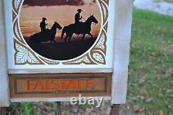 Falstaff Beer Sign Cowboys Horses Sunset Vintage sign 21x15 woodgrain leather
