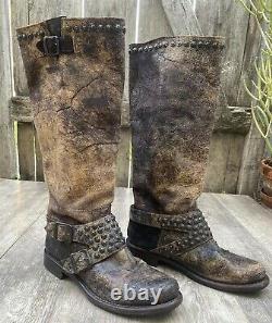 Frye Jenna antiqued brown leather studded tall Distressed moto boots size 8