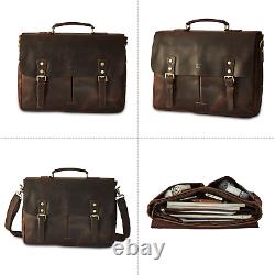 Full Crazy Horse Leather Briefcase Tote Vintage Buckle Strap Messenger Bag 15.6