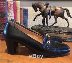 GUCCI Black Leather Vtg Horse Bit Equestrian Red Loafer Heels 40.5AA 10AA Italy