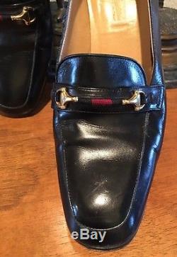 GUCCI Black Leather Vtg Horse Bit Equestrian Red Loafer Heels 40.5AA 10AA Italy