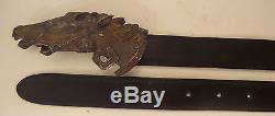 GUCCI Double Horse Vintage Brass Buckle Black Leather Belt 90-36 Made in Italy