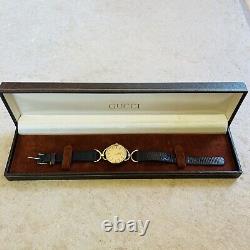 GUCCI VTG 18k Gold Plated 6000L Horse-bit Watch Brown Lizard Strap Original Box