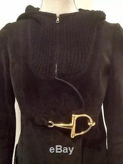 GUCCI Very Rare Vtg Black Suede Leather Knit Classic Equestrian Gold Horse Bit M