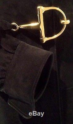 GUCCI Very Rare Vtg Black Suede Leather Knit Classic Equestrian Gold Horse Bit M
