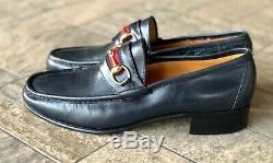 GUCCI Vintage Dark Blue Leather Ribbon Stripe Horse Bit Loafers Men 42.5 US 9.5M