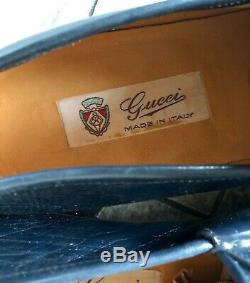 GUCCI Vintage Dark Blue Leather Ribbon Stripe Horse Bit Loafers Men 42.5 US 9.5M
