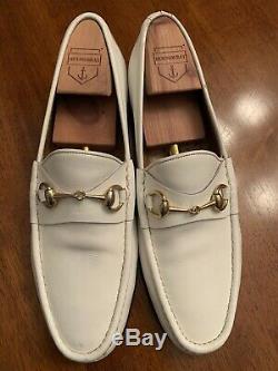GUCCI Vintage White Leather Gold Horse Bit Loafers Men 45 S/11.5M- Crest Label