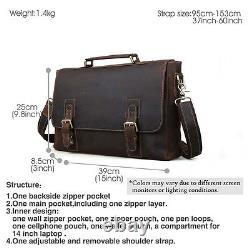 Gents Vintage Cowhide Leather Briefcase Crossbody Messenger Bag 14 Laptop Bag