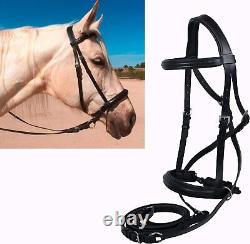 Genuine Black Leather Horse English Bitless Bridle Headstall with Reins Black