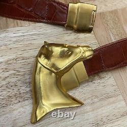 Glen Miller for Ann Turk Brown Leather Gold Horse Head Buckle Adjustable Belt OS