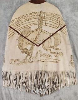 Gomez Poncho Womens One Size Suede Leather Hand Drawn Horse Fringed 70s Vintage