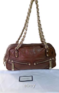 Gucci Authentic Vintage Brown Bronze Metallic Leather Gold Horse Chain Bag +Dust