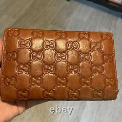 Gucci Long Leather Wallet Vintage Trifold Brown Horse bit Fabric Lining Auth