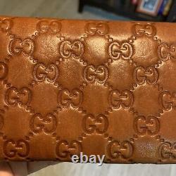 Gucci Long Leather Wallet Vintage Trifold Brown Horse bit Fabric Lining Auth