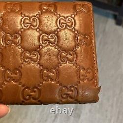 Gucci Long Leather Wallet Vintage Trifold Brown Horse bit Fabric Lining Auth