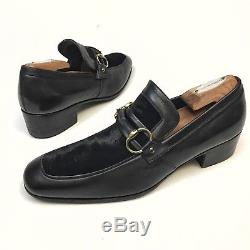 Gucci Mens Shoes Sz 7.5D Horse Bit Loafer Black Leather Velvet Top Vintage