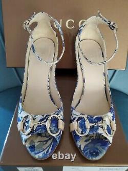 Gucci VINTAGE blue flora canvas with horse bit peep toe sandals 36.5