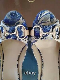 Gucci VINTAGE blue flora canvas with horse bit peep toe sandals 36.5