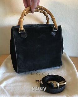 Gucci Vintage Black Bamboo GG Handbag Suede Horse Bit 2 Way Shoulder Tote Bag