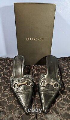 Gucci Vintage Black Leather Horse Bit Mule Heels Restored 2 Orig Dust Bags Box