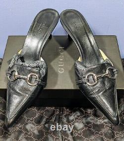 Gucci Vintage Black Leather Horse Bit Mule Heels Restored 2 Orig Dust Bags Box