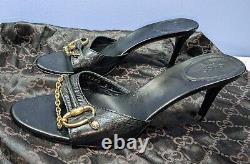 Gucci Vintage Black Leather Horse Bit Open Toe Mule Heels Restored Orig Dust Bag
