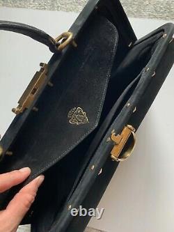 Gucci Vintage Black Suede top handle Bag with horse-bit gold hardwares