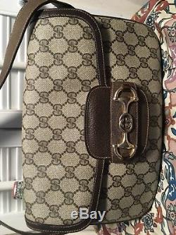 Gucci Vintage GG Canvas Horse Bit Flap Brown Leather Trim Shoulder Bag Rare