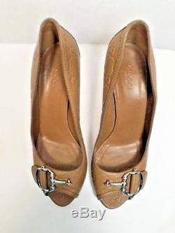 Gucci Womens Tan Size 7.5 US 37.5 Leather Open Toe Vintage Horse Bit Heels
