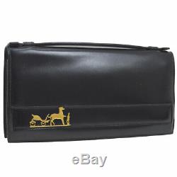 HERMES Horse Logos Hand Bag Black Box Calf J Vintage Purse Authentic NR12303