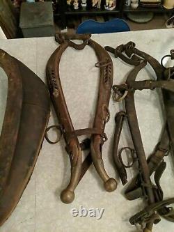 HUGE LOT OF VINTAGE Antique Leather Horse Collars Harness Yokes WOOD BRASS