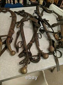 HUGE LOT OF VINTAGE Antique Leather Horse Collars Harness Yokes WOOD BRASS