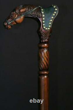 Hand Art Wooden Cane Walking Stick Horse with Saddle Wood & Leather Work