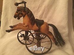 Hand Carved Vintage Horse on a Brass Tricycle Leather Saddle