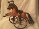 Hand Carved Vintage Horse on a Brass Tricycle Leather Saddle