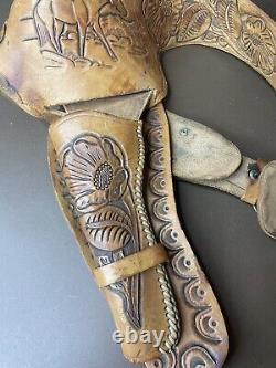 Hand Tooled Leather Gun Holster Stunning Vintage Carved Horse & Flowers RARE