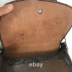 Hand Tooled Vtg Leather Messenger Satchel Bag Dark Brown Horseshoe Nail Close